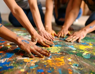 Obraz premium Hands Paint Floor Collaborative Art Studio