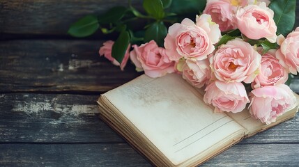 Pale pink roses rest on an aged book, rustic wood