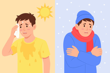 Man suffering from cold and hot weather. Sad guy feels hot and exhausted. Boy trembling feeling cold hugging herself. Winter and summer season problem. Vector illustration