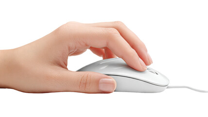 Isolated hand using computer mouse on transparent background — high-resolution PNG-style cutout ideal for product mockups, UI/UX previews, e-commerce thumbnails, web & app design, tech branding