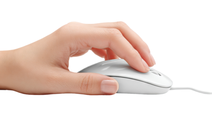 Isolated hand using computer mouse on transparent background — high-resolution PNG-style cutout ideal for product mockups, UI/UX previews, e-commerce thumbnails, web & app design, tech branding