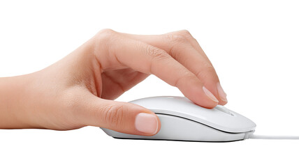 Isolated hand using computer mouse on transparent background — high-resolution PNG-style cutout ideal for product mockups, UI/UX previews, e-commerce thumbnails, web & app design, tech branding