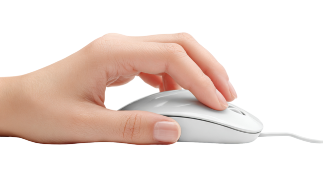 Isolated hand using computer mouse on transparent background — high-resolution PNG-style cutout ideal for product mockups, UI/UX previews, e-commerce thumbnails, web & app design, tech branding