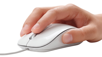 Isolated hand using computer mouse on transparent background — high-resolution PNG-style cutout ideal for product mockups, UI/UX previews, e-commerce thumbnails, web & app design, tech branding