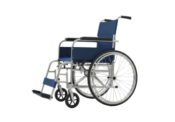 Isolated blue wheelchair with silver frame for hospitals and personal care needs, medical support