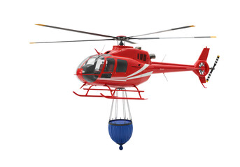 Isolated red helicopter carrying a blue water bucket for firefighting during an emergency