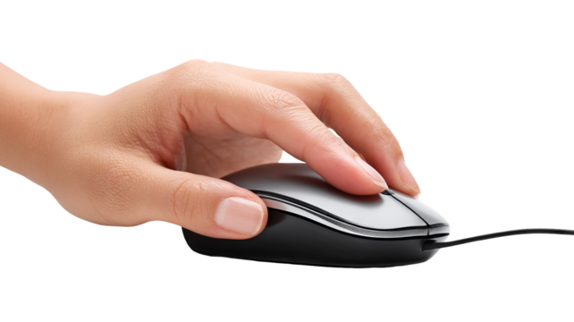 Isolated hand using computer mouse on transparent background — high-resolution PNG-style cutout ideal for product mockups, UI/UX previews, e-commerce thumbnails, web & app design, tech branding