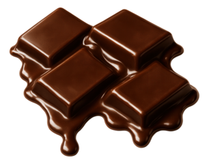 Chocolate squares melting with glossy sheen, edges softening and pooling.