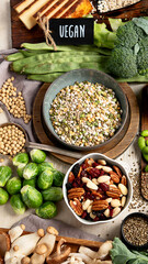 Asortment of plant based vegan protein products. Healthy eating.