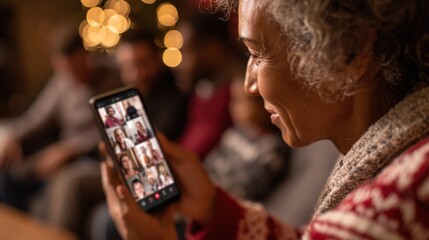 Senior African woman with curly gray hair using a smartphone to video call. Background features blurred lights and people in a cozy setting.