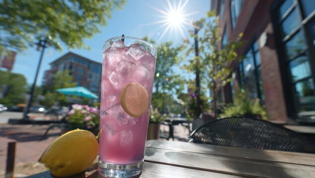 Refreshing pink lemonade with lemon slice on a sunny outdoor cafe table, blurred background