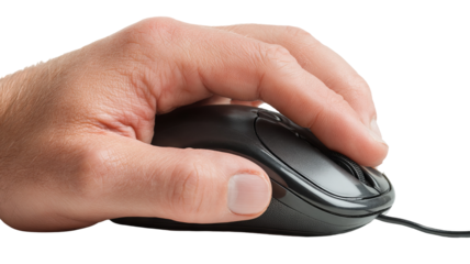 Isolated hand using computer mouse on transparent background — high-resolution PNG-style cutout ideal for product mockups, UI/UX previews, e-commerce thumbnails, web & app design, tech branding