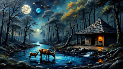 Deers drinking water from river  inside forest in the night