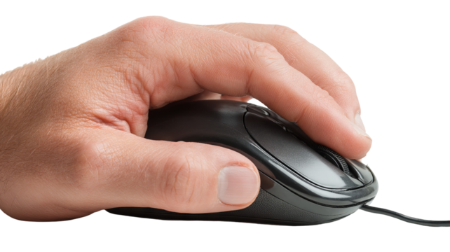 Isolated hand using computer mouse on transparent background — high-resolution PNG-style cutout ideal for product mockups, UI/UX previews, e-commerce thumbnails, web & app design, tech branding