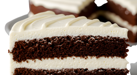 Macro shot shows dark chocolate cake with creamy white frosting, featuring rich texture. Perfect for bakery ads, food blogs, dessert posters.