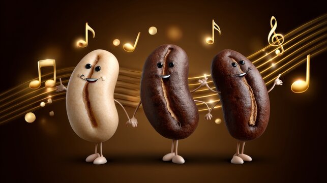 Coffee beans dance to music in a fun playful atmosphere animation whimsical cheerful concept
