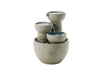 Isolated fountain with flowing water in bowl shapes offers a tranquil, relaxing experience