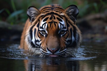 Fototapeta premium A tiger in water looking directly at the camera view