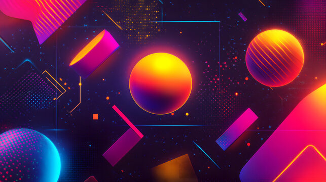 Dynamic abstract 80s synthwave geometric shapes with vibrant neon glow and stardust effect.