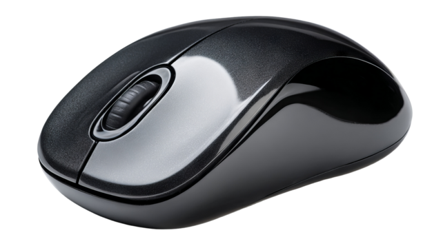 Isolated black wireless mouse on transparent background — high-resolution PNG-style cutout with clean edges, sleek ergonomic design and matte finish, ideal for product mockups, e-commerce thumbnails