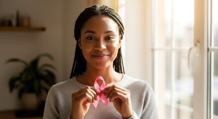 Smiling African American woman holding pink ribbon for breast cancer awareness and support, looking at camera with hope