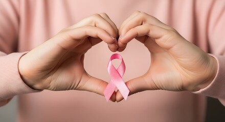 Hands forming heart shape around pink ribbon, symbolizing breast cancer awareness, support, and hope for health