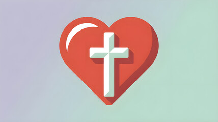 Obraz premium Flat design vector of a cross inside a heart, clean lines, pastel background, modern Christian icon