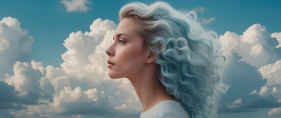 Surreal profile portrait of a woman with cloud hair, airy sky tones in pastel blue and white, dreamlike and ethereal