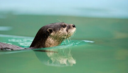 A sleek otter glides gracefully on the surface of tranquil, emerald-green water, its head raised alertly.