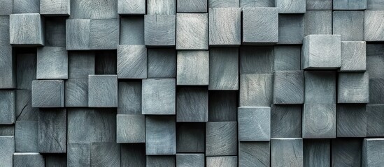 Abstract wall of layered, varying size gray cubes, rough texture, creating a dynamic pattern