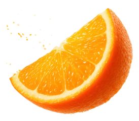An orange wedge in flight with zest particles and juice mist trailing behind.
