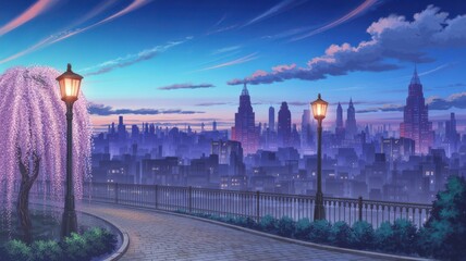 Obraz premium Enchanting city skyline at dusk with a blooming wisteria tree and illuminated street lamps along a scenic pathway