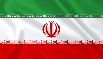Flag of Iran with horizontal green, white, and red stripes, red emblem in the center, and stylized Kufic script along the borders.