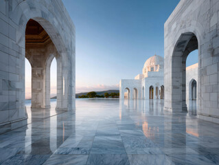 Mohammad Al Ameen mosque reflecting on wet marble floor at sunrise