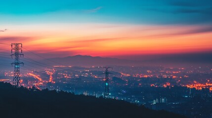 Fototapeta premium Sunrise cityscape with power lines