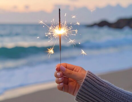 Sparkler held at beach sunset
