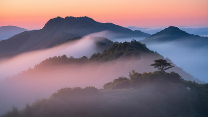 Obraz premium A bright sunrise over mountains, soft hills, and warm sky. A sheer pink curtain framing the view creates a calm, peaceful atmosphere.