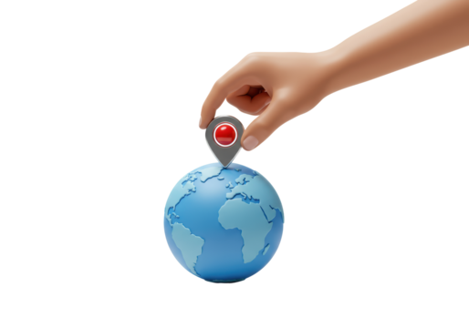 Isolated hand holding geolocation pin over blue globe showing world map, location choice