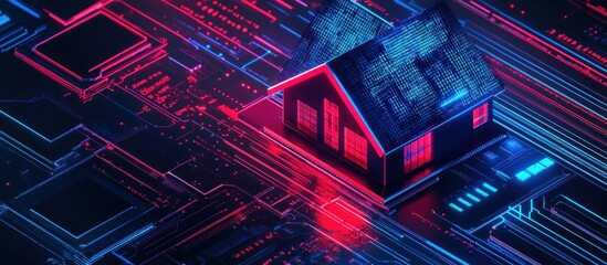 A house sits atop a motherboard design, with glowing red and blue lines