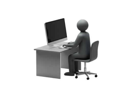 Isolated person at computer desk, working in office, cartoon figure in grey scale