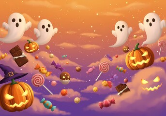 Fototapeta premium Whimsical Halloween Scene with Ghosts and Pumpkins