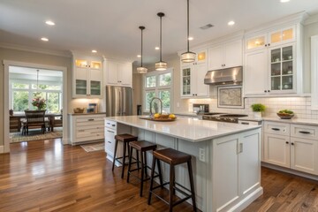 Fototapeta premium Spacious modern white kitchen with large island and pendant lights overlooking a dining area