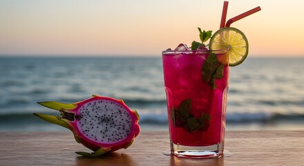 Vibrant dragon fruit cocktail cools beachside vacation vibes as sunset paints the ocean horizon with soft color