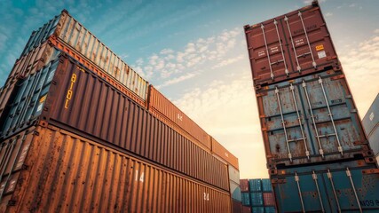 Shipping container import tariff policy impact global shipping with stacked metal cargo boxes under bright sunset sky - Powered by Adobe
