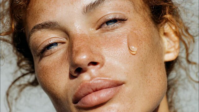 Young woman with flawless skin applies clear facial oil from a dropper. Skincare, beauty routine, natural glow, hydration, self-care, healthy skin.