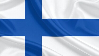 Flag of Finland with a blue Nordic cross on a white background symbolizing lakes and snow.