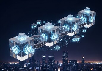 Glowing Blockchain Cubes Connect Over Cityscape at Night