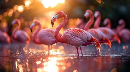 A group of flamingos standing in shallow golden water