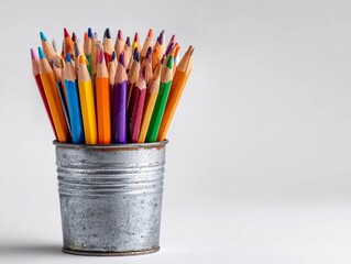 Colorful pencils arranged in a metal container on a neutral background for artistic inspiration