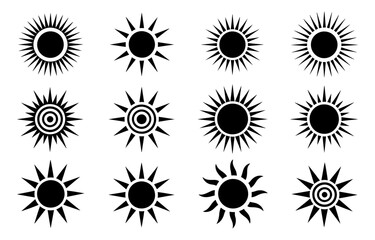 set of black colors of suns on white background